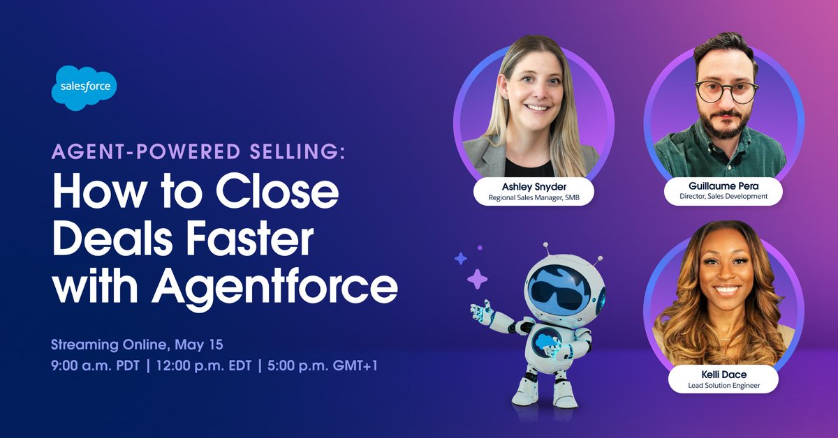 AshleySnyder23's tweet photo. Excited to join our upcoming Agentforce webinar on May 15, where I’ll share our strategies for customer and career success.

RSVP to join us ➡️ https://t.co/YS42JsHdRn https://t.co/9X0S7OqwRH