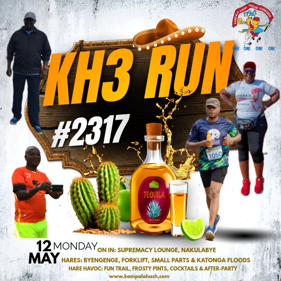 KH3 RUN #2317 is crashing into Supremacy Lounge, NaKulabye this Monday, 12th May at 6:00 PM!

Brace yourselves for wild trails, frosty pints, cheeky cocktails, &amp; hares who promise to flood the streets with fun Byengenge, Forklift, Katonga Floods &amp; Small Parts are on duty!

#OnOn