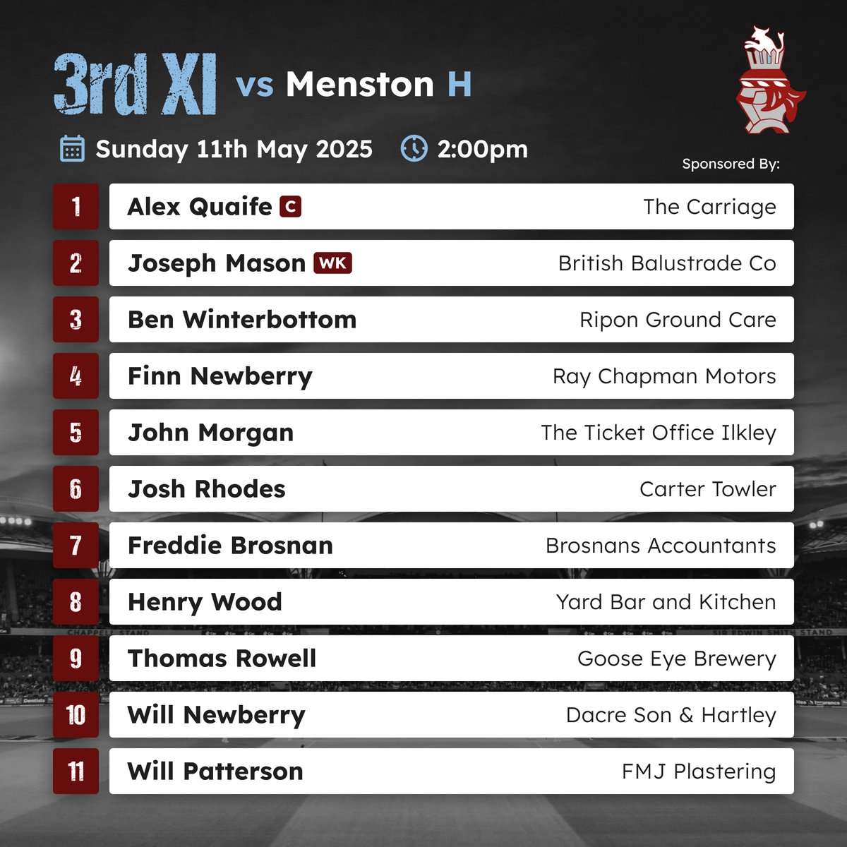 Ilkley Cricket Club (@ilkleycc) on Twitter photo 🚨 TEAMS 🚨
Saturday 10th May | 12:30pm
1st XI vs <a href="/biltoncricket/">Bilton Cricket Club</a>
2nd XI vs <a href="/GreenLaneCC/">Green Lane Cricket Club</a>
Sunday 11th May | 2:00pm
3rd XI vs <a href="/MenstonCC/">West Yorkshire Cricket</a> 🚨 TEAMS 🚨
Saturday 10th May | 12:30pm
1st XI vs <a href="/biltoncricket/">Bilton Cricket Club</a>
2nd XI vs <a href="/GreenLaneCC/">Green Lane Cricket Club</a>
Sunday 11th May | 2:00pm
3rd XI vs <a href="/MenstonCC/">West Yorkshire Cricket</a>