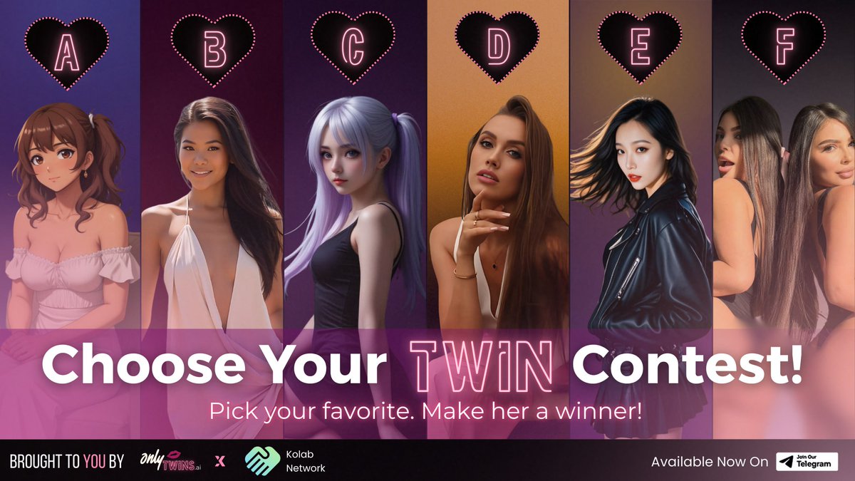 OnlyTwins_ai's tweet photo. In collaboration with @kolab_network, we’re launching the “PICK YOUR TWIN” CONTEST! 😍💋

HOW TO JOIN✨
#1 Comment your chosen AI GF's letter
#2 Drop your best pick-up line

WIN SUBSCRIPTIONS 🏆 
Most Creative Pick-Up Line — by a judge
Most Liked — by hearts 💕

PICK HER NOW! 👇 https://t.co/kCAVucbXFW