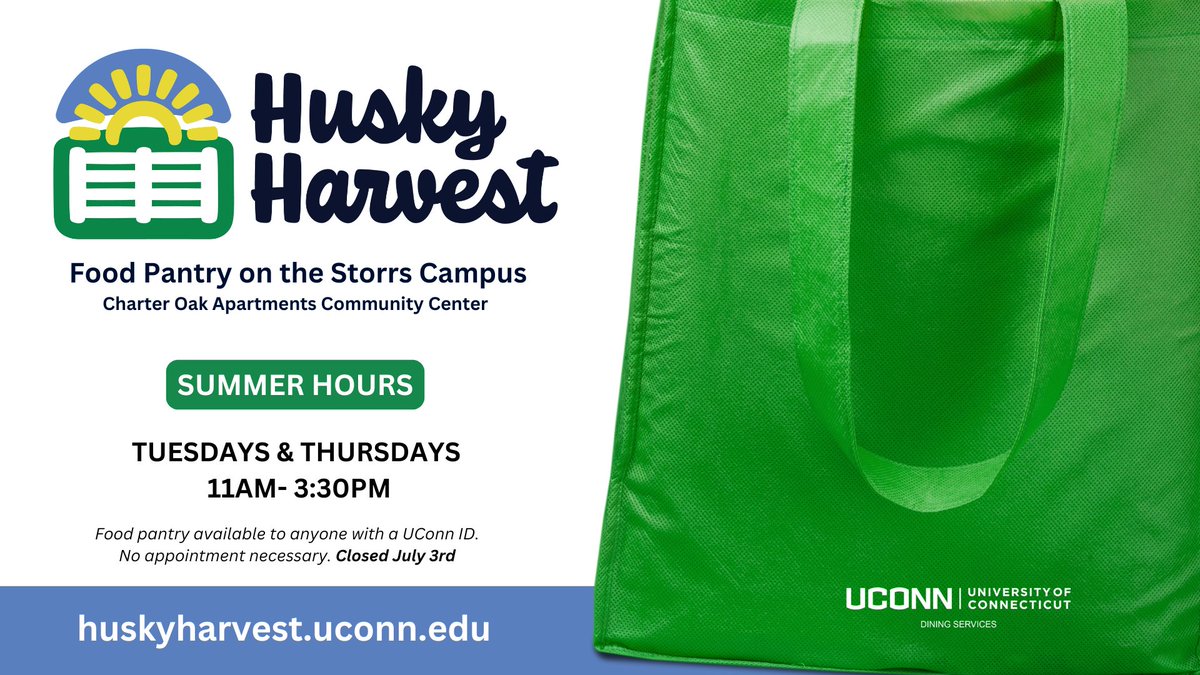 Today is the last day of spring semester hours at the Husky Harvest food pantry on the Storrs campus. Open today from 11am-4pm. Summer hours begin next Tuesday.
