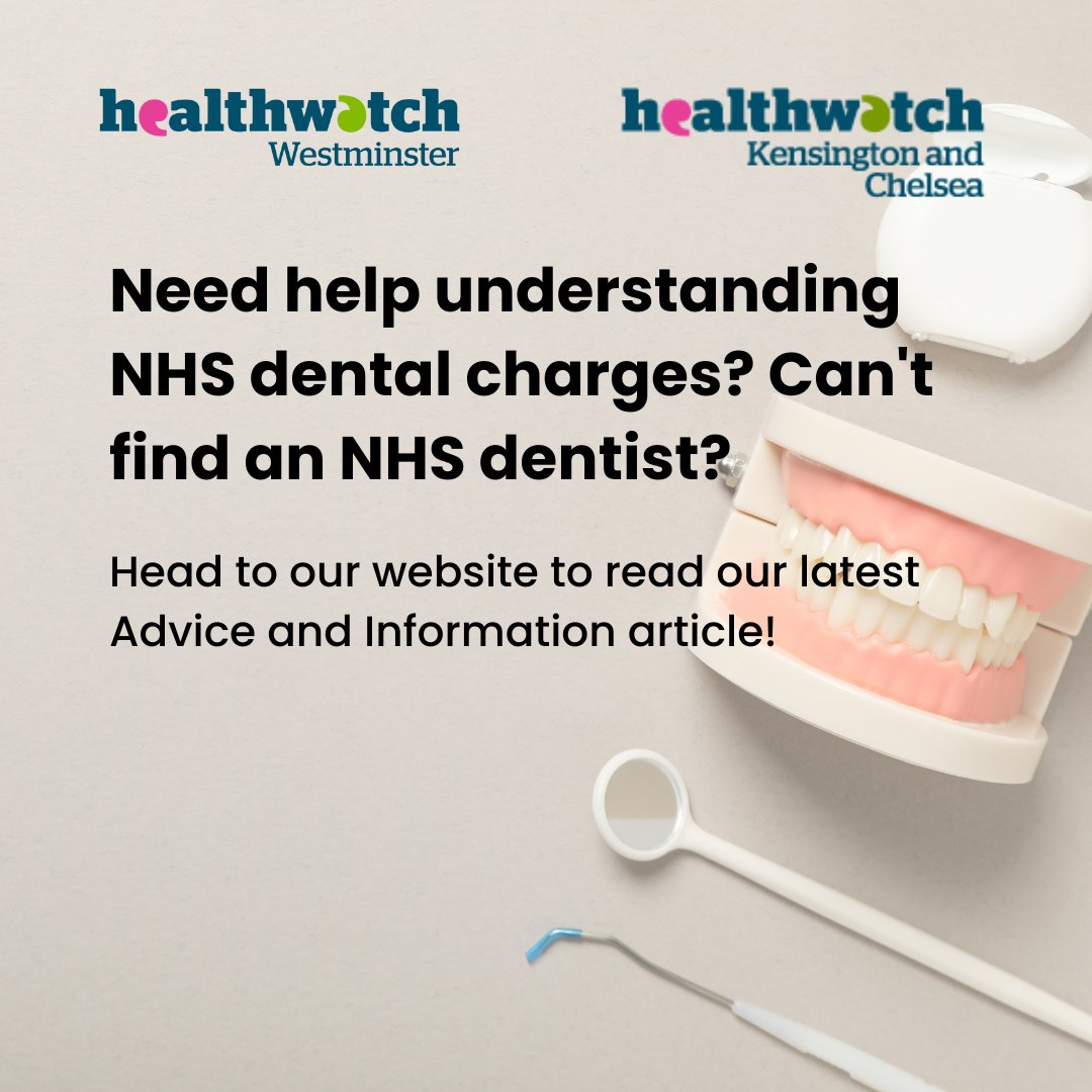 We've created a guide to help you understand the latest changes to dental charges and exemptions as well as how you can register with an NHS dentist near you.
To find out more, read our latest article here:
healthwatchrbkc.org.uk/advice-and-inf…
