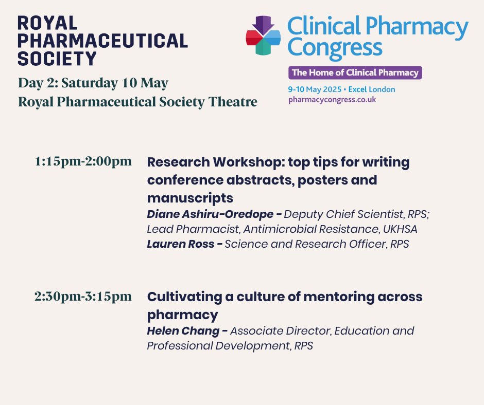 At day 2 of <a href="/CPCongress/">Clinical Pharmacy Congress</a> at the RPS theatre we’ll be leading sessions on the membership experience, RPS Credentialing, mentoring in pharmacy and a workshop on research.

You can also find us at Stand A29. See the full programme: ow.ly/wrK450VOlEX
#RPSatCPCongress #CPCongress