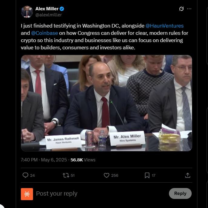 Stacks's tweet photo. The Stacks ecosystem is proud to play a key role in advancing crypto adoption.

Our STX ecosystem's Hiro CEO Alex Miller testified in Washington DC.

Stacks is the first US SEC-qualified token offering under Regulation A. The goal: doing things legally, transparently, accessibly. https://t.co/rYhexpRC5b