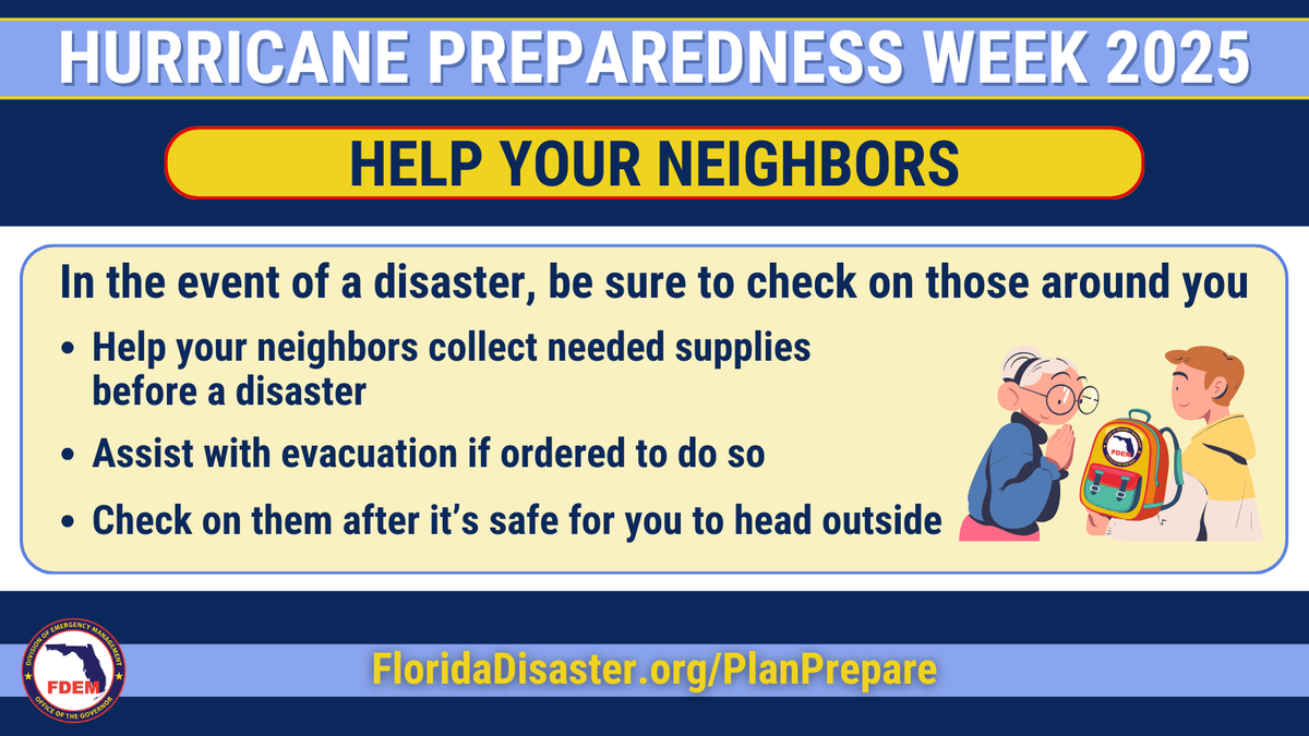 🌀🌀 This week for Hurricane Preparedness Week we encourage all residents to be a good neighbor!

➡ Learn more - FloridaDisaster.org/PlanPrepare?ci…