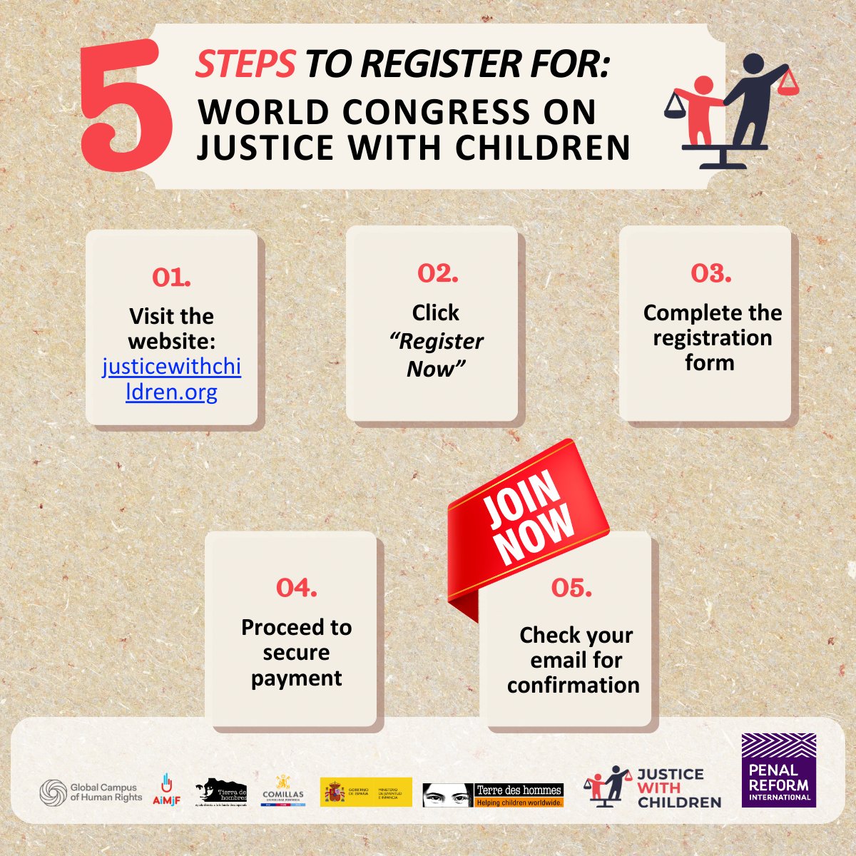 📣 Ready to join the world’s leading event on child justice? Follow these simple steps to register for the 5th World Congress in #Madrid! 
🌍 June 2–4, 202

Here Full programme: lnkd.in/dxrmWN9i
Register Here: lnkd.in/eyxXPHsU

 #JWC2025 #Spain