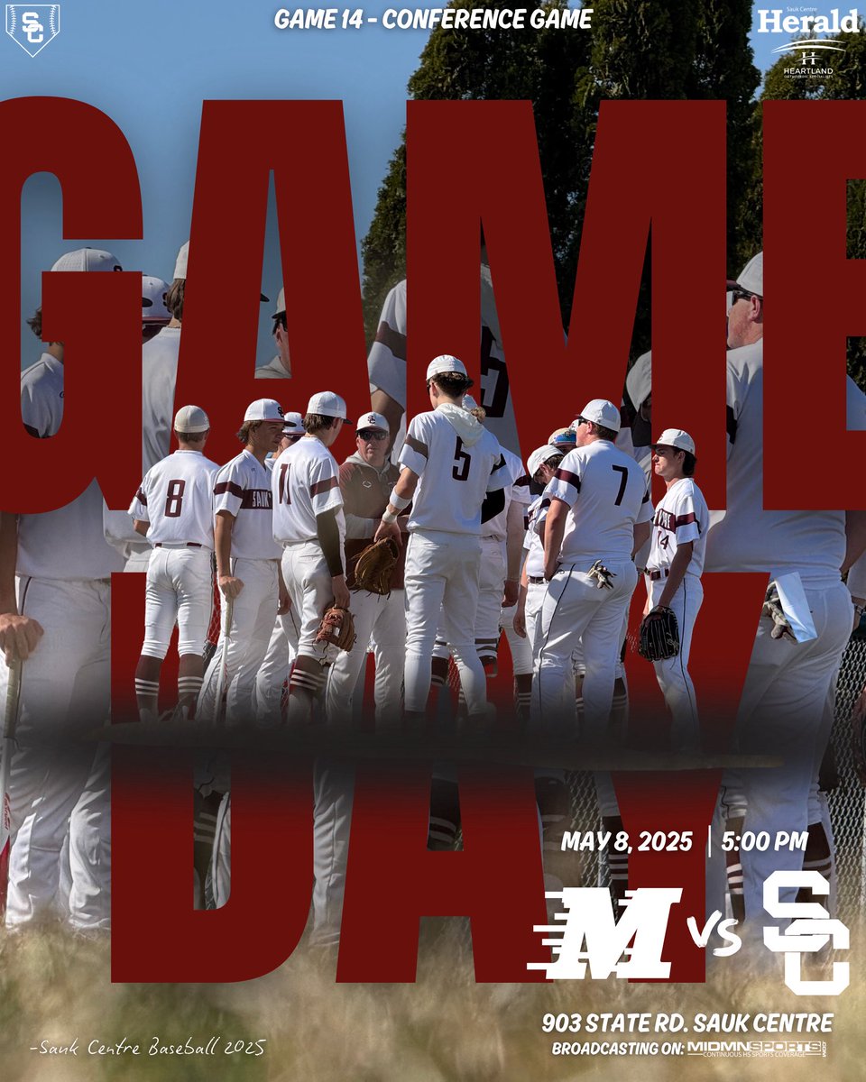 SaukCentreBSBL's tweet image. Border Battle… Part ✌️… ⚔️⚔️⚔️

⚾️ Game 14, Conference Game
🆚 Melrose Dutchmen
🗓️ Thursday, May 8, 2025
⏰ 5:00 PM CT
📍 Sauk Centre HS, Field 1
🎥 @MidMNSports 

#scbaseball #rollstreet #onesc