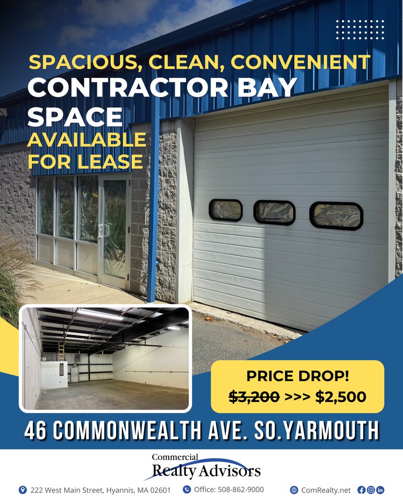 ComRealtyNet's tweet image. 📢 Price Drop Alert! 📢

Unit 4 at 46 Commonwealth Avenue, Yarmouth is now available for lease at $2,500/month + utilities—a reduction from $3,200! 🔥

#CommercialRealty #CapeCodBusiness #RealEstate #YarmouthMA #ContractorBay
