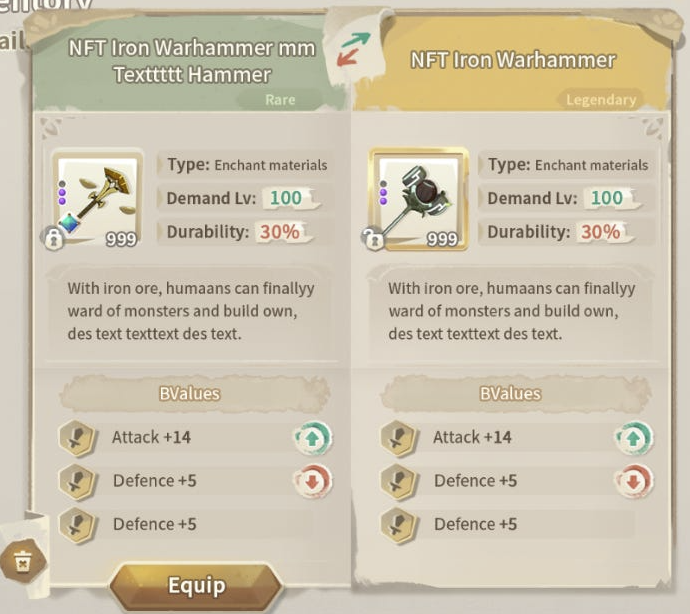 CryptoMixue's tweet photo. 🧵2️⃣ UI ( User Interface ) on Weapon

For the future there will be Durability and Demand factor on every weapon !🎮

There will be advanced stats too ! be sure to get lucky to roll best stats !  #TreeverseDay5 https://t.co/O6uUxGDcvs