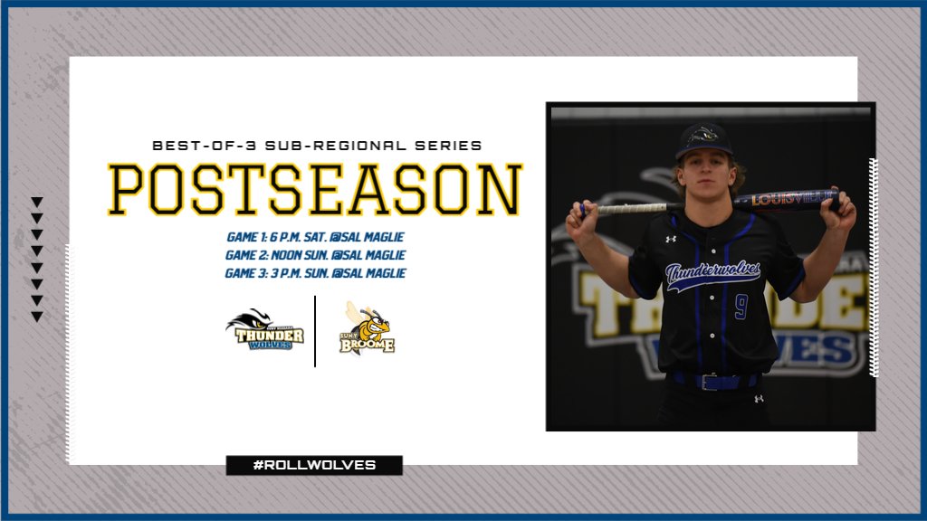 SUNY Niagara Thunderwolves (@ncthunderwolves) on Twitter photo BSB: The schedule is set for this weekend's sub-regional series! All games are slated for 9 innings & will be played at Sal Maglie! #RollWolves ⚾️🐺💪
G1: 6 pm Sat.
G2: Noon Sun.
G3 (if nec.): 3 pm Sun.
<a href="/NCThunderwolves/">SUNY Niagara Thunderwolves</a>
<a href="/SUNYNiagara/">SUNY Niagara</a>
<a href="/NiagaraTwolves/">SUNY NIAGARA BASEBALL</a>
<a href="/NJCAAReg3/">NJCAA REGION 3</a>
<a href="/GNN_Sports_/">Greater Niagara Sports</a> BSB: The schedule is set for this weekend's sub-regional series! All games are slated for 9 innings & will be played at Sal Maglie! #RollWolves ⚾️🐺💪
G1: 6 pm Sat.
G2: Noon Sun.
G3 (if nec.): 3 pm Sun.
<a href="/NCThunderwolves/">SUNY Niagara Thunderwolves</a>
<a href="/SUNYNiagara/">SUNY Niagara</a>
<a href="/NiagaraTwolves/">SUNY NIAGARA BASEBALL</a>
<a href="/NJCAAReg3/">NJCAA REGION 3</a>
<a href="/GNN_Sports_/">Greater Niagara Sports</a>