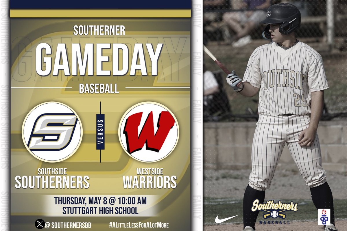 Postseason baseball! 

📍: Stuttgart High School

🆚: Westside Warriors 

⏰: 10:00am 

#SouthsideBaseball #ALittleLessForAlotMore
