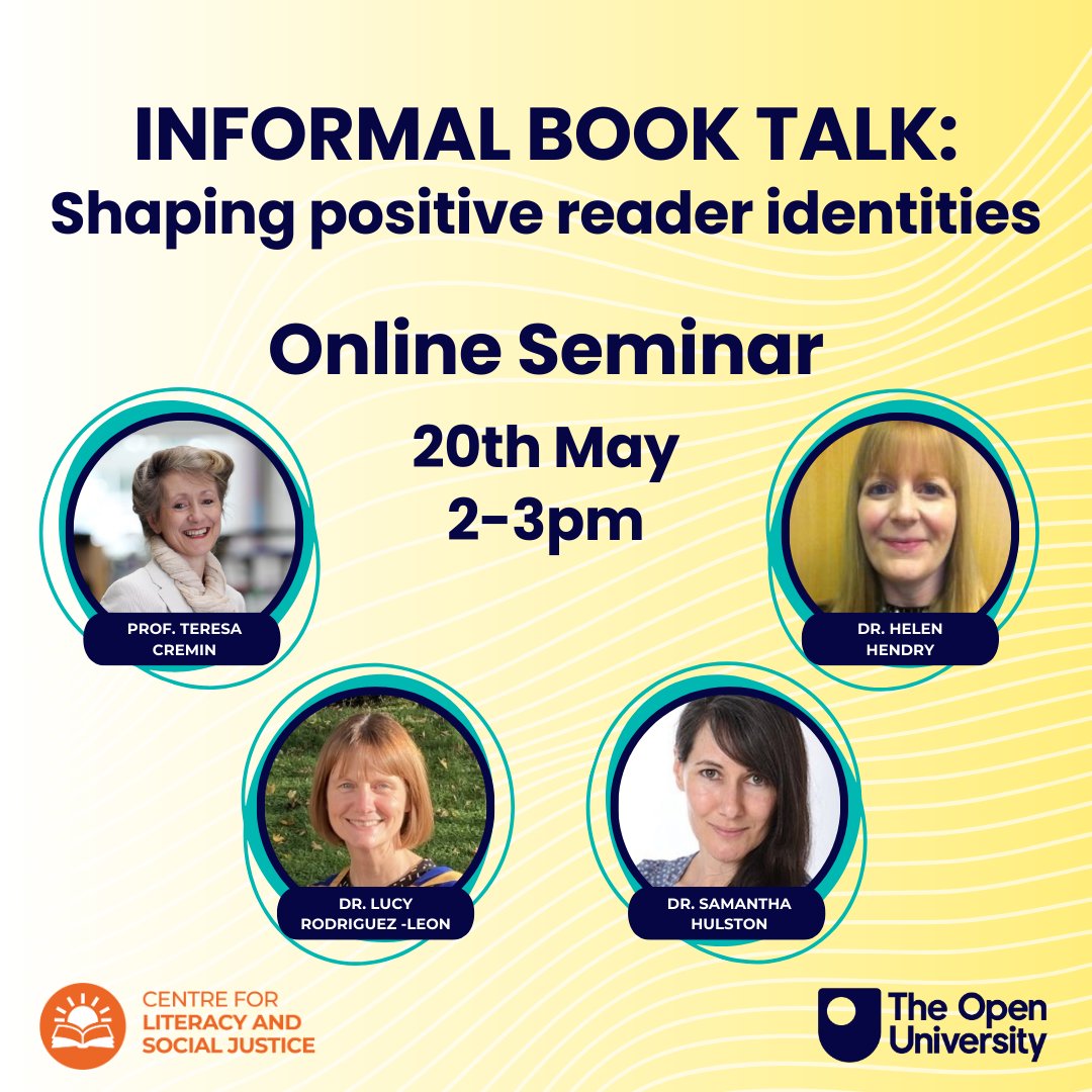 Reading for Pleasure ๐งถ (@openuni_rfp) on Twitter photo Limited tickets left for this FREE upcoming OU seminar - Informal Book Talk! ๐๐
Tue 20 May 2-3pm, Online.
Prof <a href="/TeresaCremin/">Teresa Cremin</a> & #OURfP team discuss informal book talk & readers' identities.
Tickets here! ๐ ow.ly/aKkt50VylaV
<a href="/OpenUni_CLSJ/">Centre for Literacy and Social Justice</a> #ReadingforPleasure Limited tickets left for this FREE upcoming OU seminar - Informal Book Talk! ๐๐
Tue 20 May 2-3pm, Online.
Prof <a href="/TeresaCremin/">Teresa Cremin</a> & #OURfP team discuss informal book talk & readers' identities.
Tickets here! ๐ ow.ly/aKkt50VylaV
<a href="/OpenUni_CLSJ/">Centre for Literacy and Social Justice</a> #ReadingforPleasure
