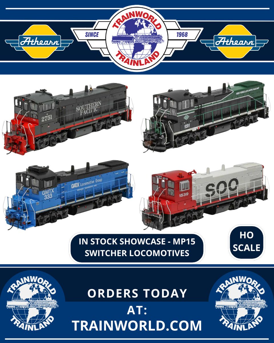 Trainworld's tweet photo. A new wave of MP15s from @athearntrains are here! We’re beyond thrilled with this batch, can you guess which one is our personal favorite? 😉

Order today at https://t.co/1RAdwL6qNr! https://t.co/igb2TRXsM0

#athearntrains #hoscale #MP15 #switcher #newarrival #diesel #trainworld #trainland #modeltrains #trains #modeltrain #modeltrainlayout #modeltrainhobby #railfan #toytrain #toytrains #trainset #trainsets