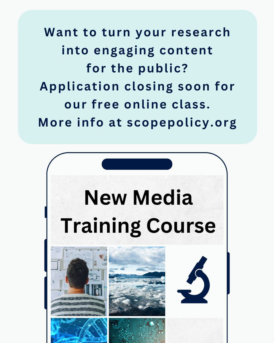 Scope_Policy's tweet image. The deadline to join SCOPE’s free science communication course is closing on May 10th. Hone your skills in New Media storytelling with our FREE 10-week course. Apply at scopepolicy.org/new-media-cour…