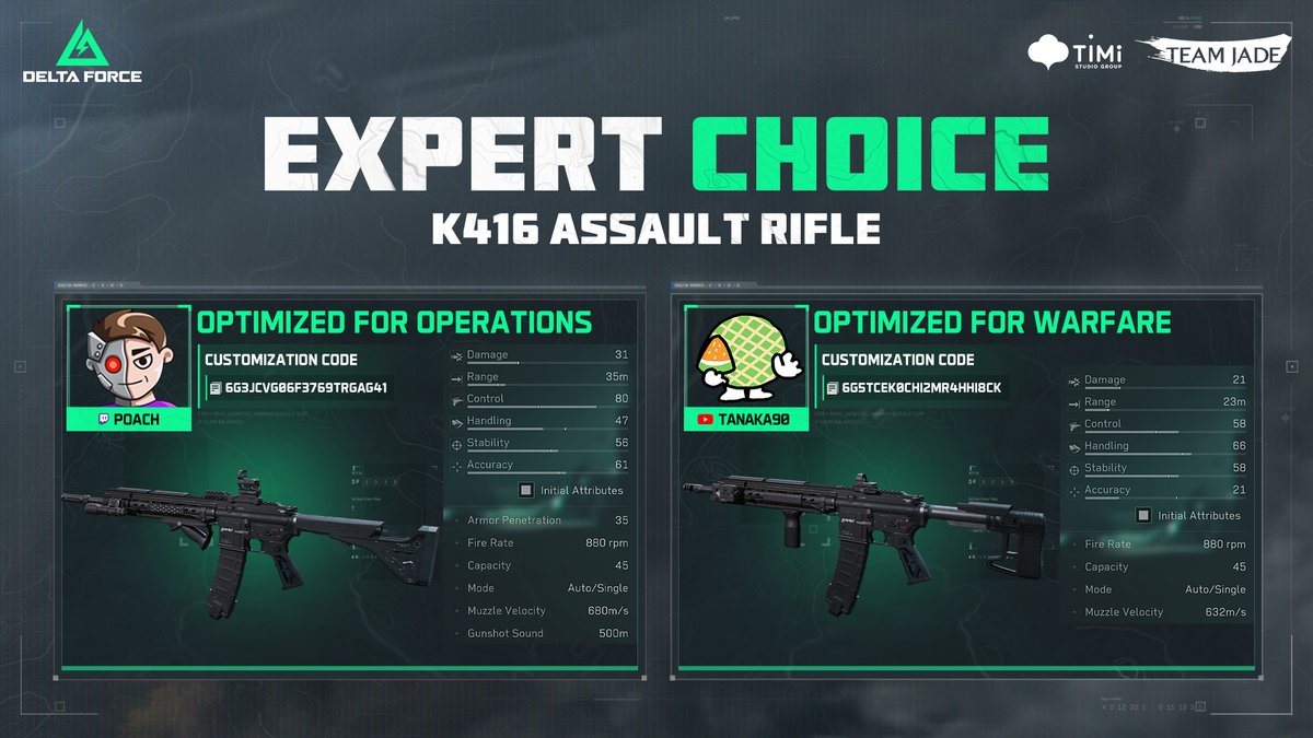 It's time for the Expert Choice of the week: a fully customized K416 Assault Rifle! 🛠 

These insane builds were crafted by <a href="/Poach/">POACH</a> and <a href="/tanaka971/">tanaka90</a> - huge props to them! Drop into Ahsarah, and let us know how they perform! 👏

✅ Operations: 6G3JCVG06F3769TRGAG41
✅ Warfare:
