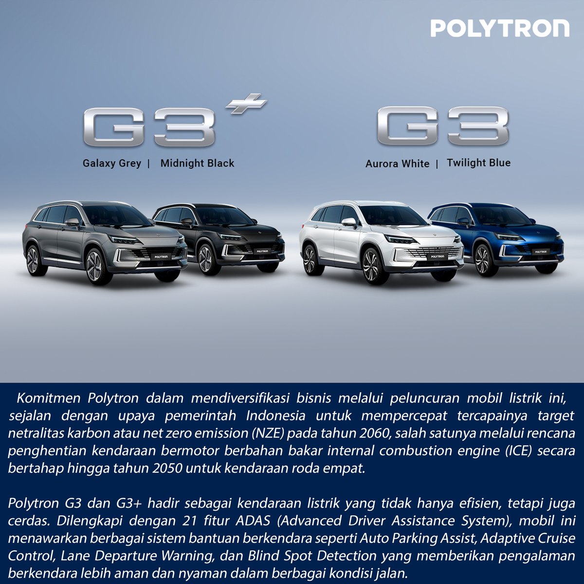 Dapurpacu_id's tweet photo. Polytron siap melangkah lebih jauh dengan meluncurkan mobil listrik pertamanya Polytron G3 dan G3+ dengan semangat SMART, LUXURY, dan FREEDOM. 

#polytron #PolytronEV #PolytronG3Series #MoveFurther #mobillistrik #mobilkeluarga #otomotif #dapurpacuid 

@PolytronIndo https://t.co/HqZWuaHGZQ