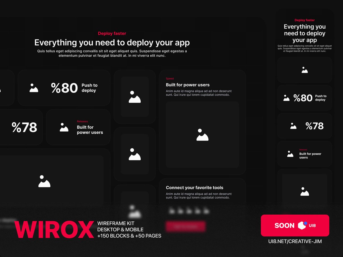 MJEMMY90's tweet image. 🚀 WIROX – Wireframe Kit جاهز للانطلاق!
+150 بلوك و50 صفحة للـ Desktop &amp;amp; Mobile.
مثالي للمصممين اللي بيحبوا السرعة والترتيب.
قريبًا على UI8 🎯
👉 ui8.net/creative-jim
#UIDesign #UXDesign #WireframeKit #Figma #UI8