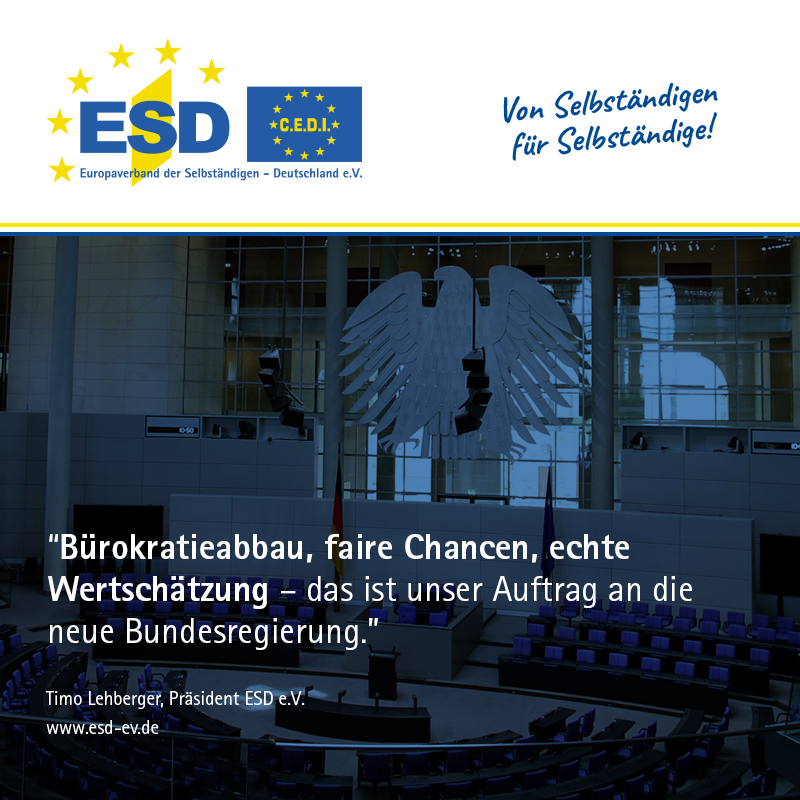 Der ESD gratuliert Bundeskanzler Friedrich Merz und dem neuen Kabinett.

Jetzt braucht es klare Impulse für Selbständige &amp; KMU – statt neuer Belastungen.
➡️ Bürokratieabbau
➡️ faire Chancen
➡️ echte Wertschätzung

Zur PM: bit.ly/42Wnw6o

#Selbständige #KMU #Merz #ESDeV
