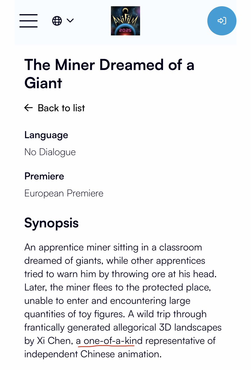 chenxifilm's tweet image. 「唯一無二」優しいお言葉ありがとうございます
「The Miner Dreamed Of A Giant」は現在、チェコで開催される「Anifilm 2025」でヨーロッパプレミア上映されています🚀
vp.eventival.com/anifilm/2025/f…