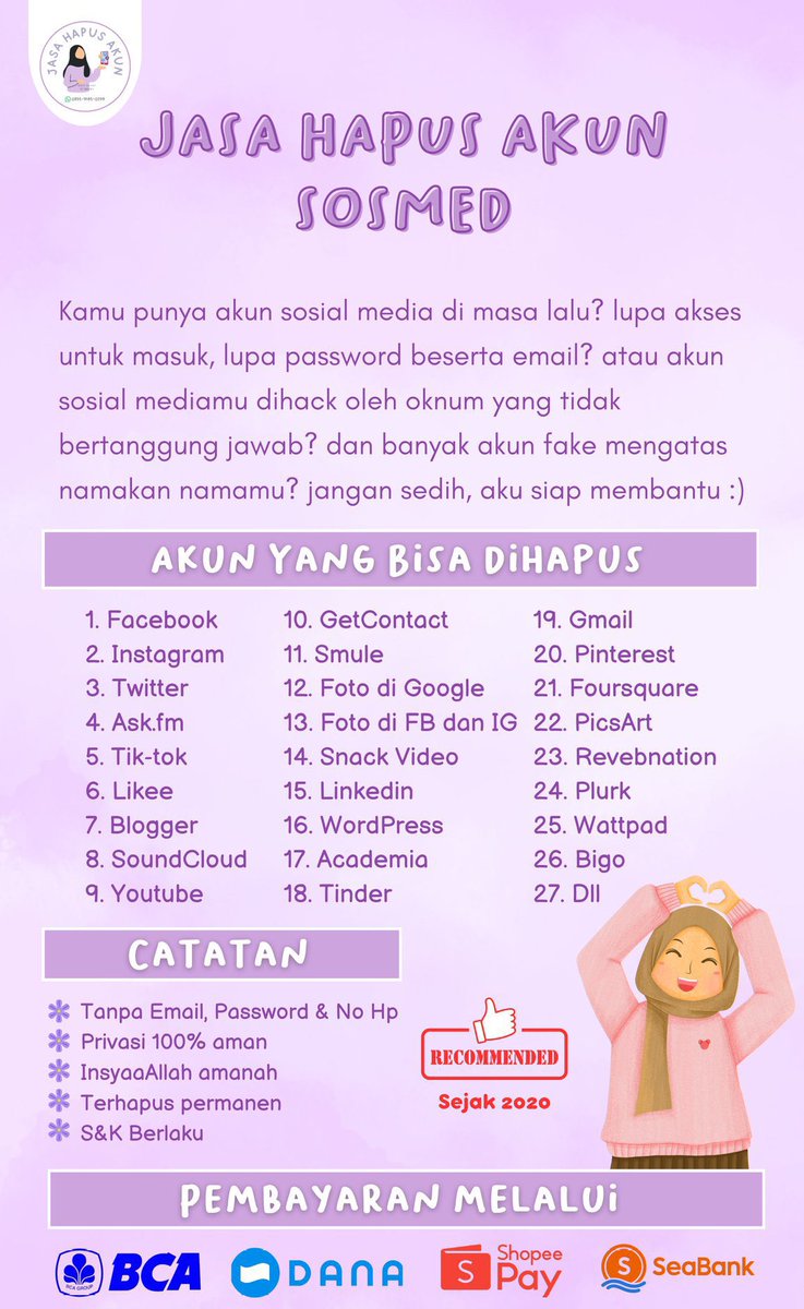 Hai semua! kalian mau hapus jejak digital dan foto2 aib di akun sosmed lama? Aku open jasa hapus akun tanpa email, nomer, dan password! ✨ #zonauang

Bisa balikin akun ig fb kehack, lupa password, kena 2af dll juga! 

Boleh tanya2 dulu kok, pricelist &amp; testi scroll kebawah 👇🏻