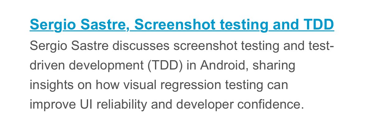 Sergio Sastre Florez (@gio_sastre) on Twitter photo Thanks <a href="/androidweekly/">AndroidWeekly</a> for featuring <a href="/PedroAGSantos/">Pedro Santos</a> and me talking about screenshot testing and TDD in Android! Thanks <a href="/androidweekly/">AndroidWeekly</a> for featuring <a href="/PedroAGSantos/">Pedro Santos</a> and me talking about screenshot testing and TDD in Android!