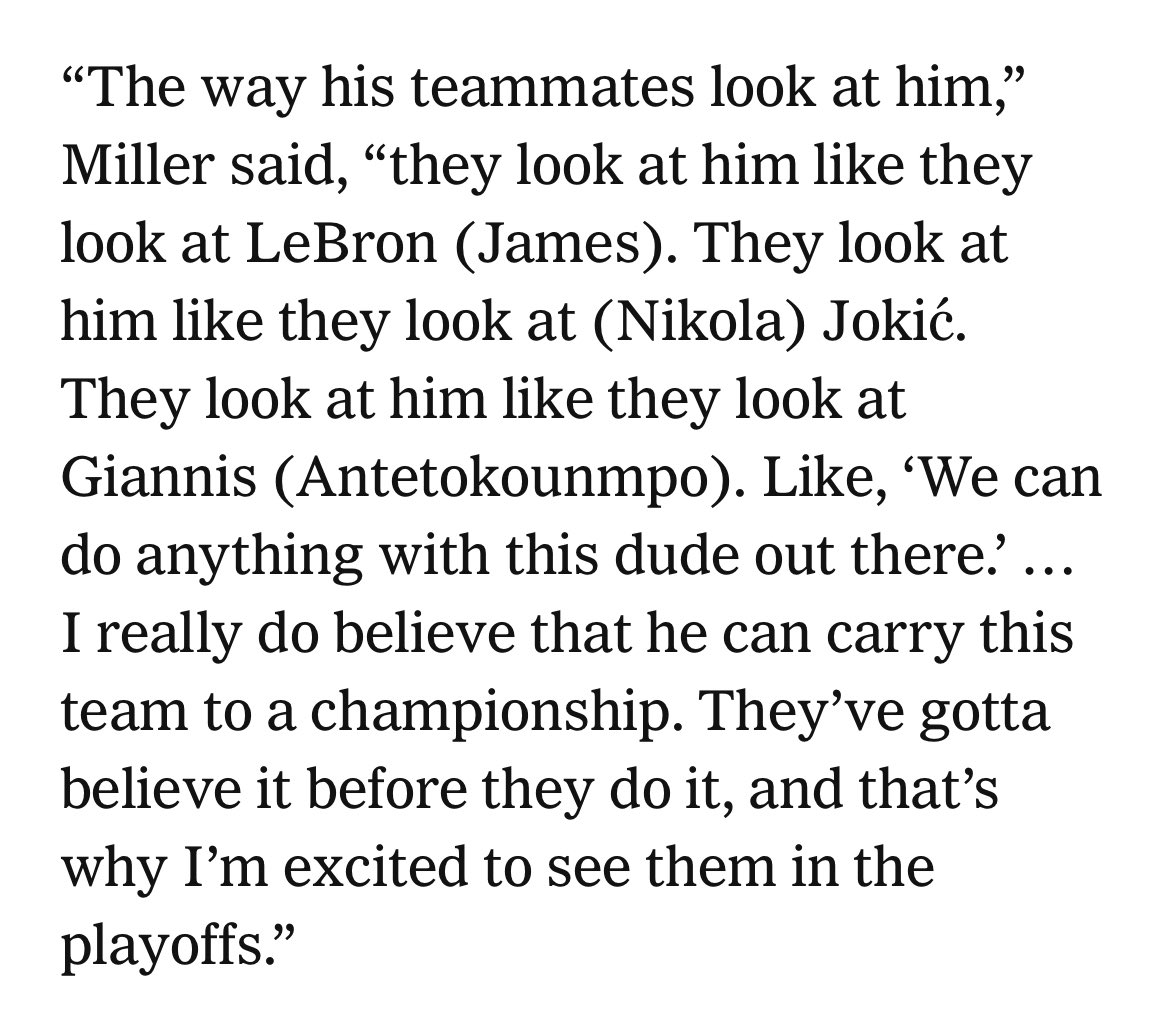 #Pacers legend Reggie Miller on Tyrese Haliburton during the 2024 NBA All-Star weekend in Indy. —&gt; 

“They look at him like … ‘We can do anything with this dude out there.’ … I really do believe that he can carry this team to a championship.” —&gt; nytimes.com/athletic/52914…