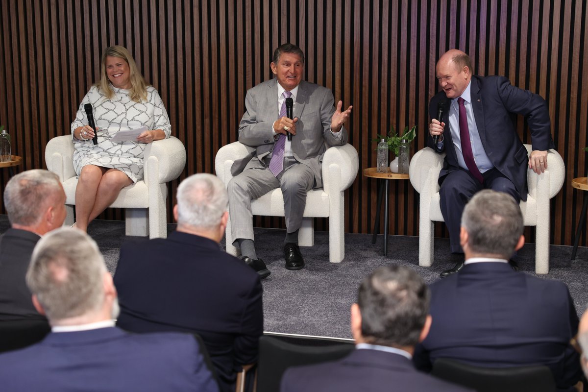 Sen_JoeManchin's tweet image. Last week, I was back in Washington to join my friend, @ChrisCoons, for a fireside chat on U.S. energy leadership and security. As our demand for energy increases, it is more critical than ever that we embrace all-of-the-above energy policy so that Americans will have reliable,…