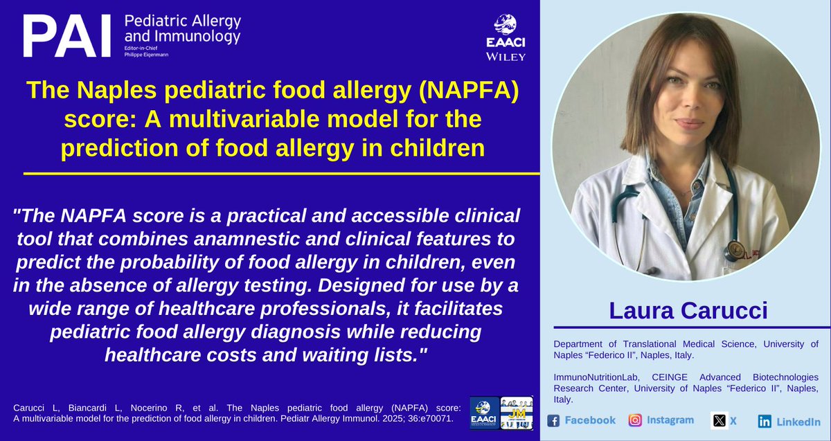 pai_eaaci's tweet photo. About the Junior Members #MustRead article, we present the author, Laura Carucci
the original article: ๐ https://t.co/wovDRazJFw
.
#pai_journal #NAPFA #NAPFAscore #foodallergy #healthcaresettings #multivariablemodel #prediction #anaphylaxis #patchtests #foodallergydiagnosis #enterocolitissyndrome #oralfoodchallenge #serumspecificIgE #skinpricktests #Naples
https://t.co/9w065OdVCc
https://t.co/WHlIiPwZOR