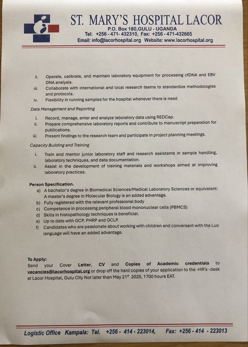 St. Mary's Hospital Lacor (@lacor_hospital) on Twitter photo WE ARE HIRING A LABORATORY SCIENTIST TO BE PART OF A GROUNDBREAKING PROJECT FOCUSED ON ENDEMIC BURKITT LYMPHOMA (EBL) . APPLY BY SENDING YOUR COVER LETTER, CV AND ACADEMIC CRENTIALS TO vacancies@lacorhospital.org or drop hard copes to the Human Resource's office before May 21st WE ARE HIRING A LABORATORY SCIENTIST TO BE PART OF A GROUNDBREAKING PROJECT FOCUSED ON ENDEMIC BURKITT LYMPHOMA (EBL) . APPLY BY SENDING YOUR COVER LETTER, CV AND ACADEMIC CRENTIALS TO vacancies@lacorhospital.org or drop hard copes to the Human Resource's office before May 21st
