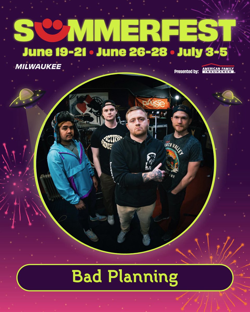 🌞Milwaukee🌗 
We will see you July 4th at <a href="/Summerfest/">Summerfest</a> on the Miller Lite Oasis Stage alongside <a href="/SocialD1/">Social Distortion</a> &amp; many more 🎆

We hit the stage at 2:45 PM 💜 
Tickets at linktr.ee/badplanningmus…