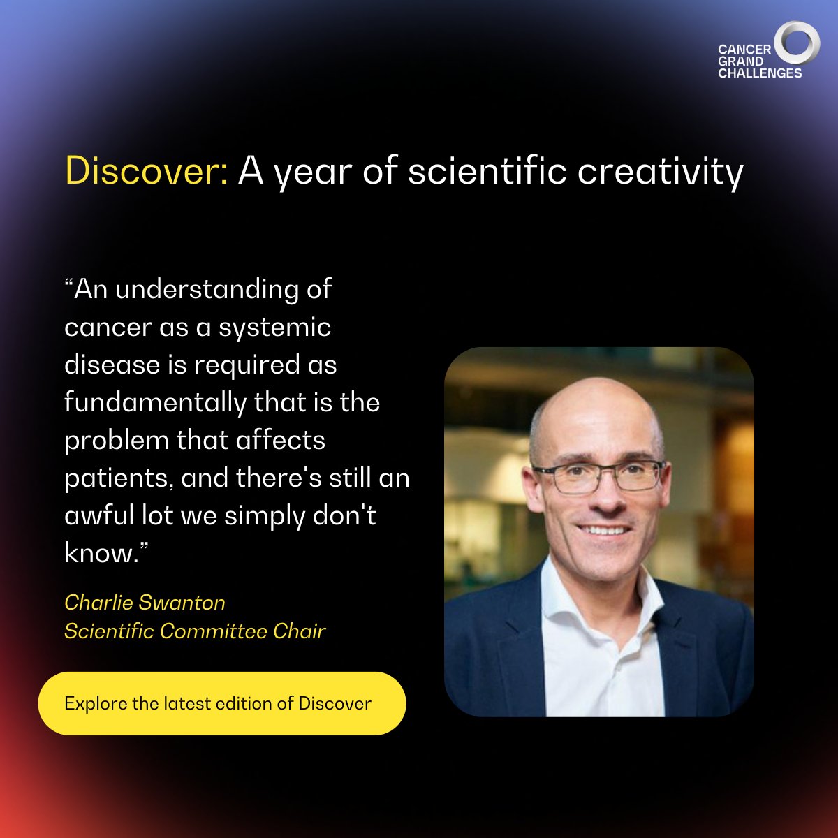 Cancer Grand Challenges (@cancergrand) on Twitter photo In Discover, <a href="/CharlesSwanton/">Charles Swanton</a> reflects on a transformative year for #CancerGrandChallenges and shares why tackling cancer as a systemic disease is key to progress.
EOIs are now open for seven new challenges.
📅 Deadline: 18 June
🔗 bit.ly/430BTqw
#CancerResearch In Discover, <a href="/CharlesSwanton/">Charles Swanton</a> reflects on a transformative year for #CancerGrandChallenges and shares why tackling cancer as a systemic disease is key to progress.
EOIs are now open for seven new challenges.
📅 Deadline: 18 June
🔗 bit.ly/430BTqw
#CancerResearch