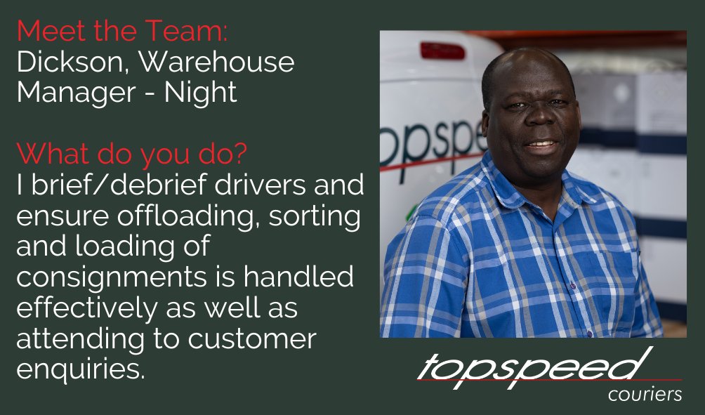 topspeedcourier's tweet image. Meet the team - Dickson is our Night Warehouse Manager, his role is to brief/debrief drivers and ensure offloading, sorting and loading of consignments is handled effectively as well as attending to customer enquiries #nightmanager #winsford #courier
