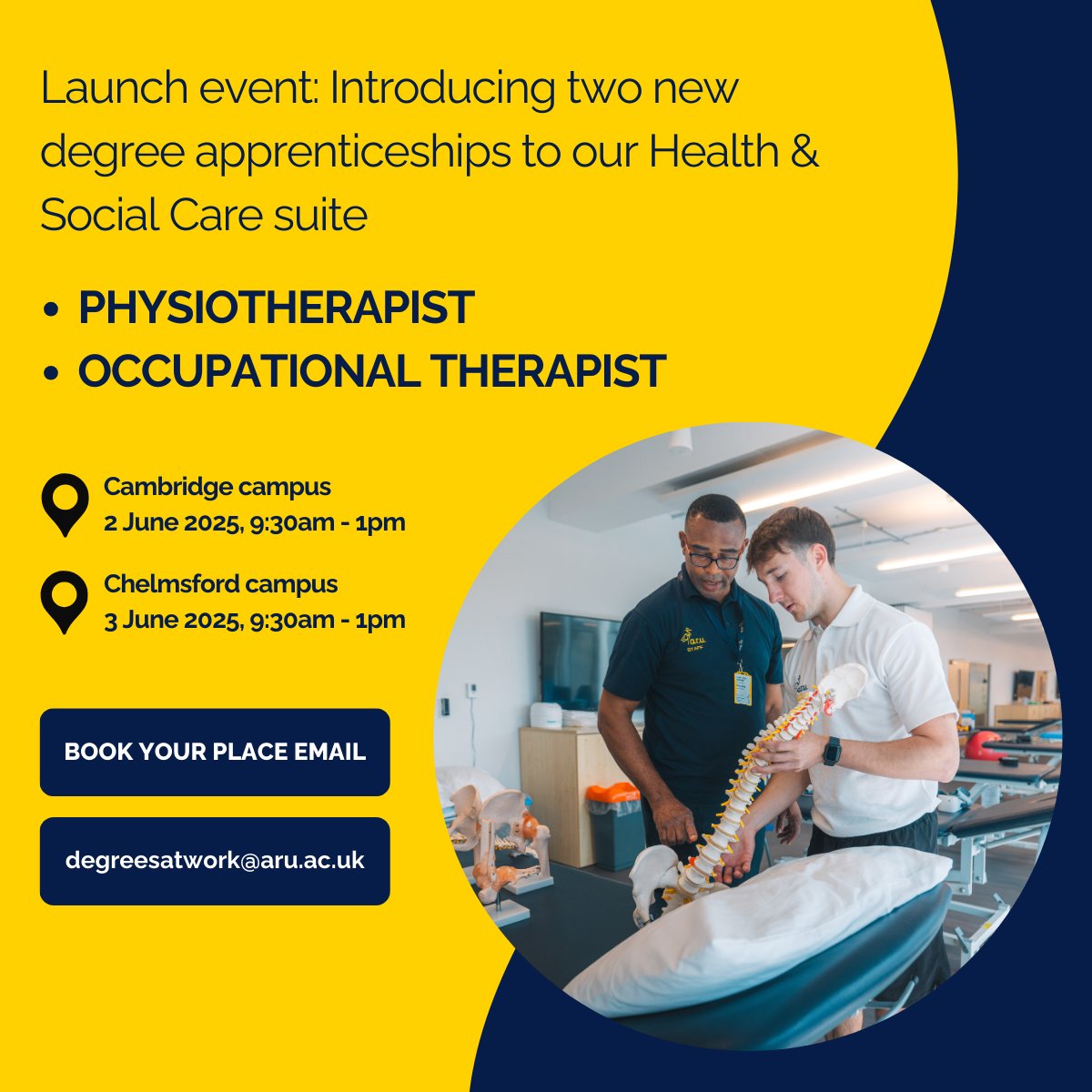 Degrees at Work | Anglia Ruskin University (@degreesatwork) on Twitter photo Join us for the launch of #Physiotherapist & #Occupational #Therapist #Apprenticeships. 
Discover how <a href="/AngliaRuskin/">ARU</a>'s new programmes can benefit your organisation.β
π
 2 June 9:30-13:00 π Cambridge
π
 3 June 9:30-13:00 π Chelmsford
Email: degreesatwork@aru.ac.uk Join us for the launch of #Physiotherapist & #Occupational #Therapist #Apprenticeships. 
Discover how <a href="/AngliaRuskin/">ARU</a>'s new programmes can benefit your organisation.β
π
 2 June 9:30-13:00 π Cambridge
π
 3 June 9:30-13:00 π Chelmsford
Email: degreesatwork@aru.ac.uk