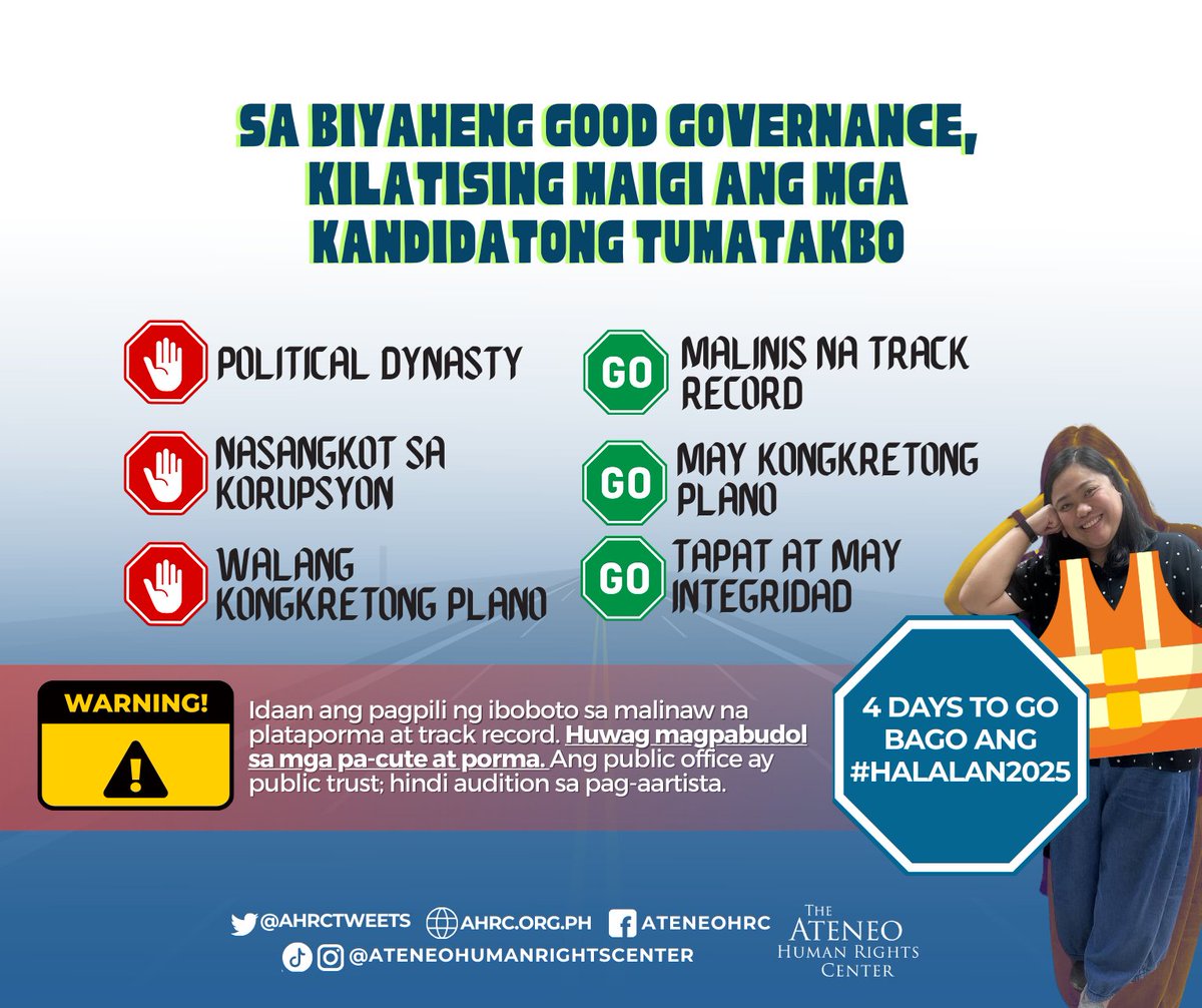 4 araw na lang, halalan na! Sama ka ba sa Byaheng Good Governance? Starter pack: matalinong pagboto! Idaan sa malinaw na plataporma at track record ang listahan.‘Wag papabudol sa pa-cute at pasayaw-sayaw. Tandaan, ang public office ay public trust, hindi audition sa reality show!