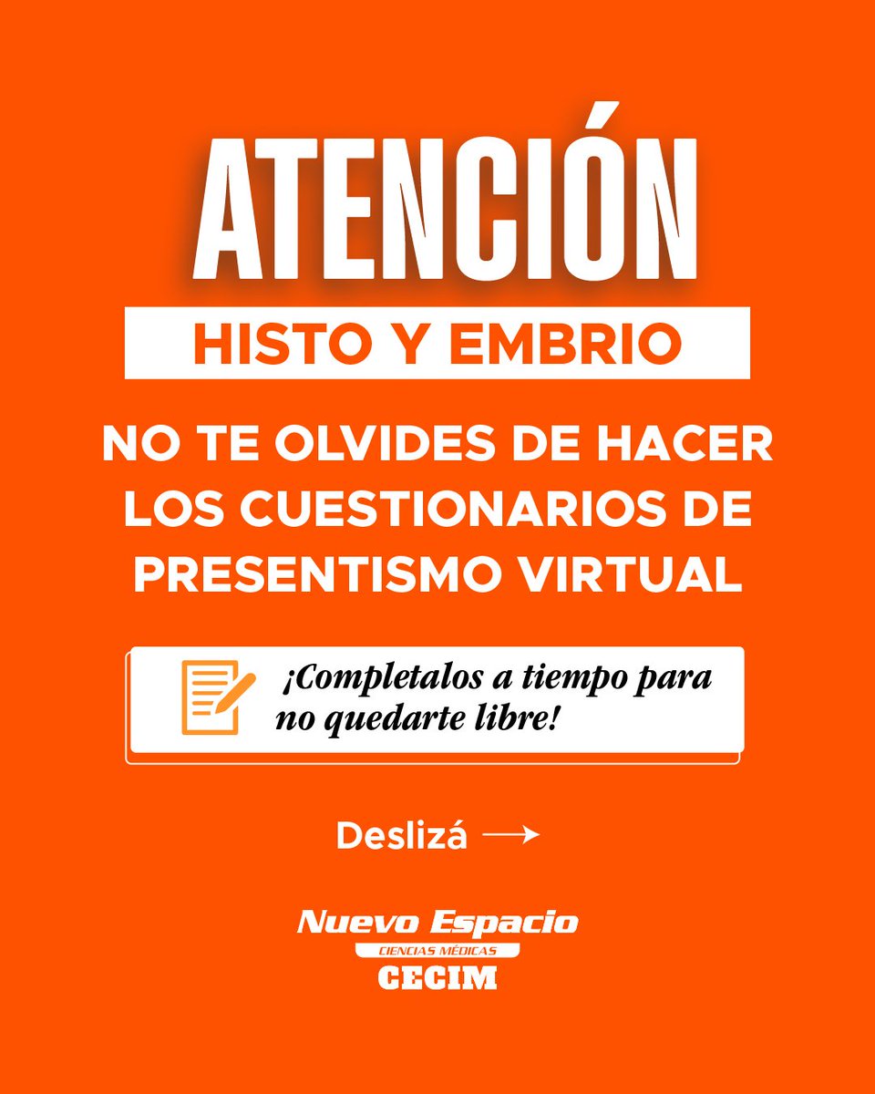cecim_nemed's tweet photo. ATENCIÓN ‼️ HISTO Y EMBRIO

NO TE OLVIDES DE HACER LOS CUESTIONARIOS DE PRESENTISMO VIRTUAL!! 

Desde el inicio de la cursada, la cátedra informó que son obligatorios para la regularidad
✅ ¡Completalos a tiempo para no quedarte libre!

La semana pasada, desde el CECIM logramos + https://t.co/1PUAzOWTWS