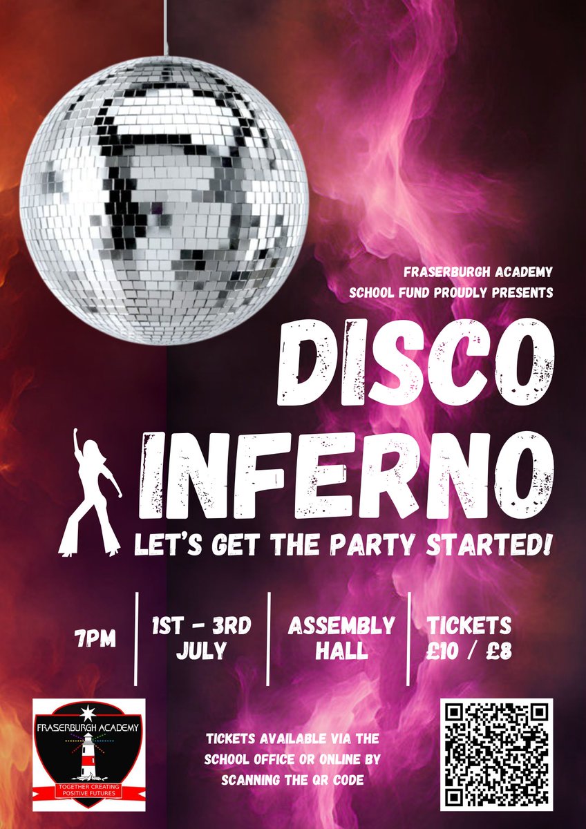 🕺🎹 Tickets are now on sale for the Fraserburgh Academy School Show, Disco Inferno! Tickets are available through the school office or online by using the following link: ticketsource.co.uk/fraserburgh-ac…. Don't miss out on this incredible event! 🎺🎷