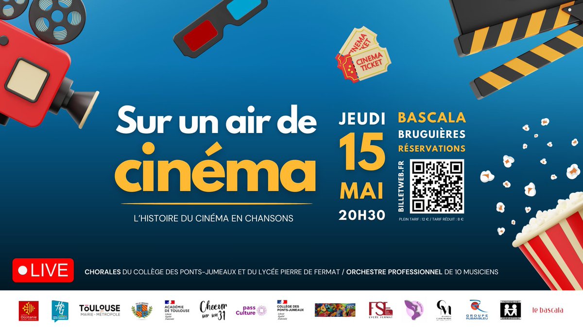 J-7 avant le grand concert « Sur un air de cinéma » le jeudi 15 mai à 20h30 <a href="/LeBascala/">Le Bascala</a> de Bruguières !
180 élèves choristes du collège des Ponts-Jumeaux et du <a href="/LyceeFermat/">Lycée Pierre de Fermat</a> accompagnés par un orchestre de 10 musiciens professionnels.
Et si nous vous racontions l’histoire du cinéma