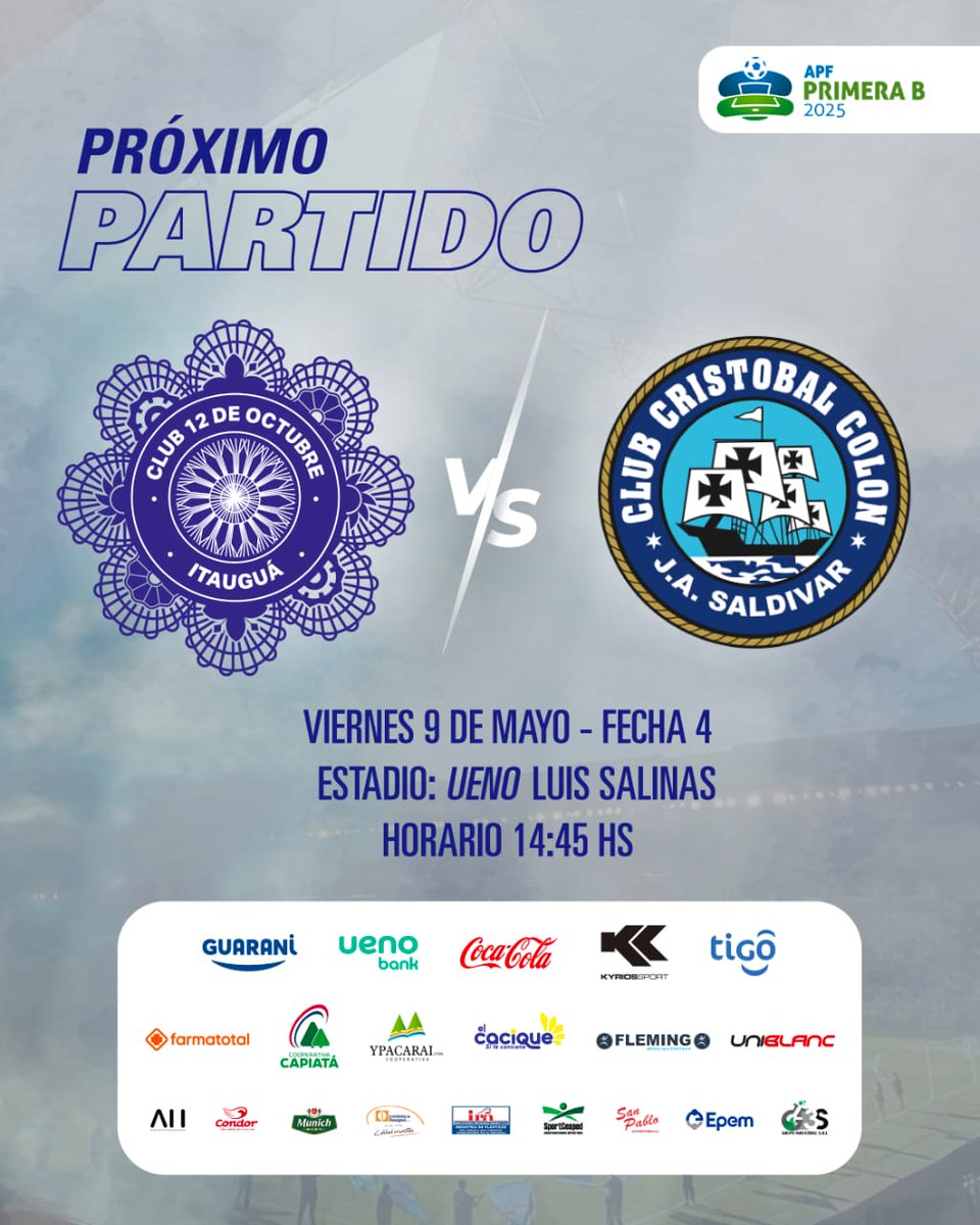 Club 12 de Octubre de Itauguá (@12deoctubrei) on Twitter photo En busca de la primera victoria
Por la fecha 4 del campeonato <a href="/APFPrimeraB/">APF Primera División B</a> recibimos al Club Cristóbal Colón de J.A.S.
🏟 ueno Luis Salinas
🗓 viernes 9 de mayo
🕜 14:45hs.
Juntos por el objetivo ⚽️ 💪🏻
#Vamos12 En busca de la primera victoria
Por la fecha 4 del campeonato <a href="/APFPrimeraB/">APF Primera División B</a> recibimos al Club Cristóbal Colón de J.A.S.
🏟 ueno Luis Salinas
🗓 viernes 9 de mayo
🕜 14:45hs.
Juntos por el objetivo ⚽️ 💪🏻
#Vamos12