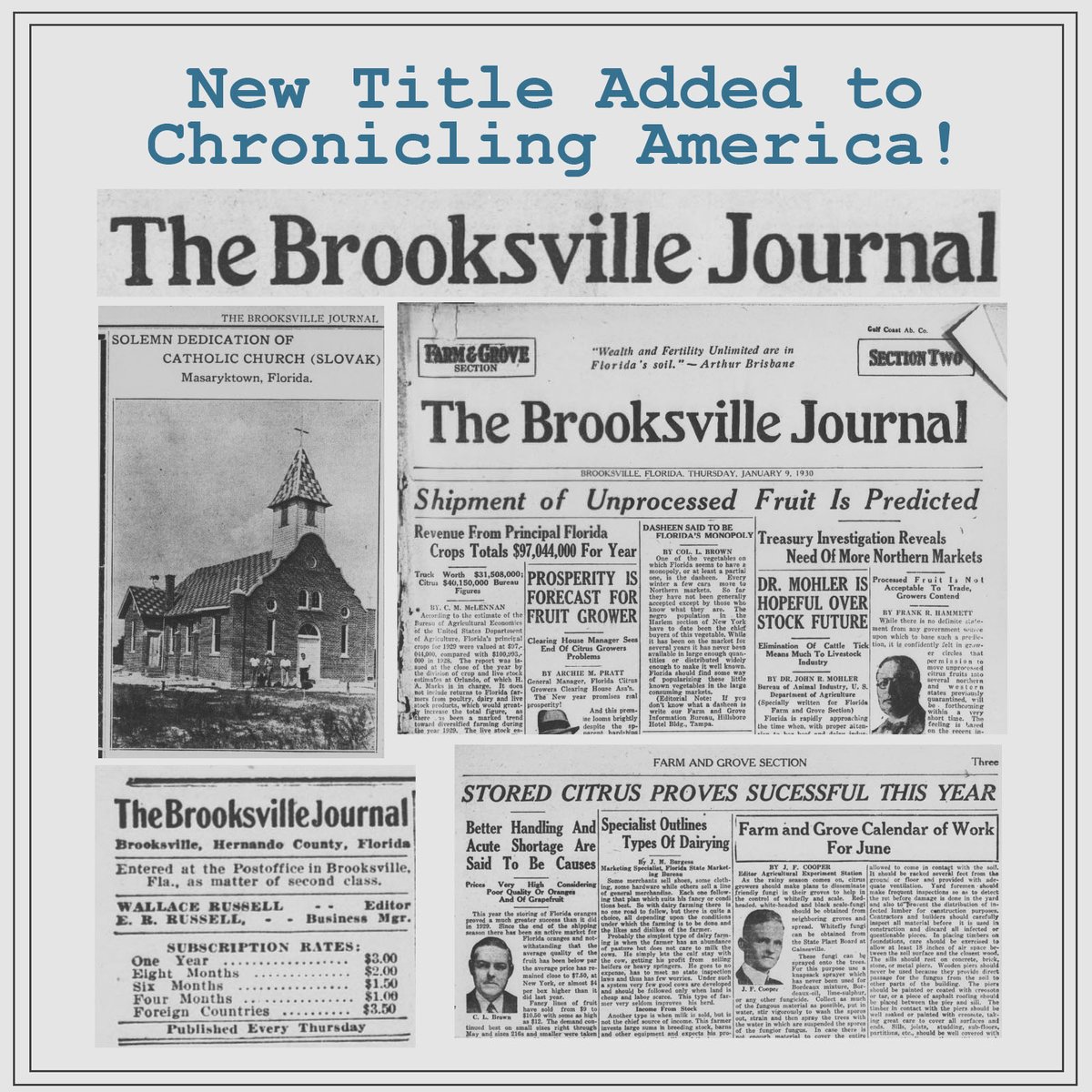 571 issues of the Brooksville Journal spanning 1928 – 1959 have been added to Chronicling America! Check out our blog post to learn about the history of the paper: bit.ly/Brooksville_Bl… #VintageNewspapers #ChronAm