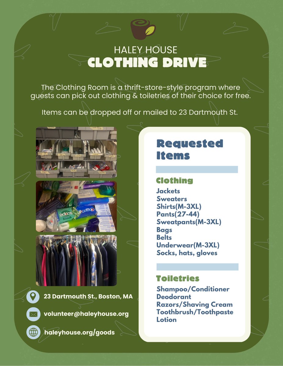 Still working on that spring clean? Now you can clear out your closet in support of Haley House! We're looking for clothing &amp; toiletry items to restock our Clothing Room for our guests. You can drop off donations or ship to 23 Dartmouth St. Learn more at haleyhouse.org/goods.