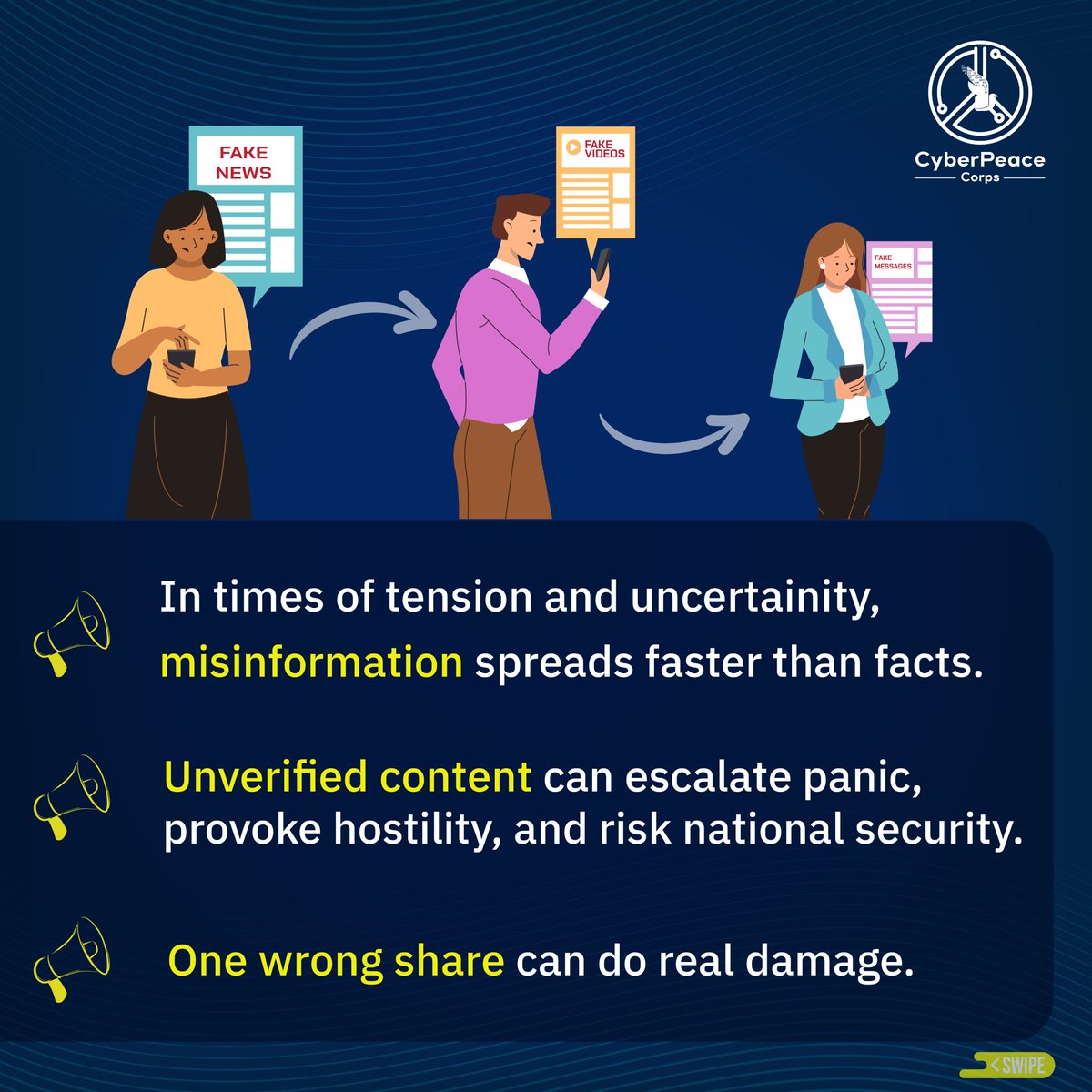 cyberpeacecorps's tweet image. One unverified forward can ignite fear, deepen divides, and disrupt peace. Before you share that “breaking news” — pause, verify, and share responsibly. 

Let’s not let fake news write our future. Let’s be the firewall against #Misinformation.

#ThinkBeforeYouShare #StopTheSpread…