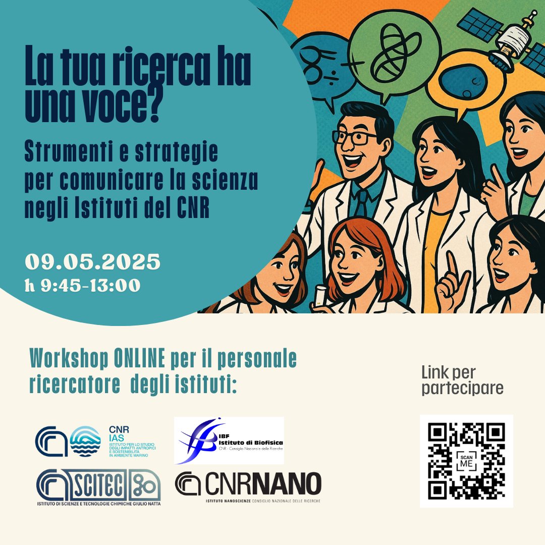 Istituto di Biofisica CNR (@biofisicacnr) on Twitter photo Perche' e come devo comunicare la mia #ricerca? 🧐
Breve #workshop per capire quali strumenti e strategie utilizzare per valorizzare al meglio il proprio lavoro 👩🔬👨🔬👩🏿🔬
Con <a href="/Cnr_Nano/">CNR Istituto Nanoscienze</a> <a href="/cnr_scitec/">CNR - SCITEC</a> e CNR-IAS.
Special guest Giuliano Greco di <a href="/IITalk/">IIT</a>
👇🏻👇🏻👇🏻 Perche' e come devo comunicare la mia #ricerca? 🧐
Breve #workshop per capire quali strumenti e strategie utilizzare per valorizzare al meglio il proprio lavoro 👩🔬👨🔬👩🏿🔬
Con <a href="/Cnr_Nano/">CNR Istituto Nanoscienze</a> <a href="/cnr_scitec/">CNR - SCITEC</a> e CNR-IAS.
Special guest Giuliano Greco di <a href="/IITalk/">IIT</a>
👇🏻👇🏻👇🏻