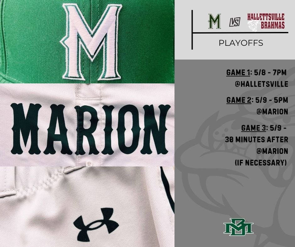 Big series starts TONIGHT in Halletsville. 1st pitch is at 7 so there’s plenty of time to gather everyone up and make the trek east to support the DOGS! #WIT
<a href="/CoachTTesch/">Tim Tesch</a> <a href="/Coach_TaylorMHS/">Gordon Taylor</a> <a href="/Coach__Call/">Joel Call</a> <a href="/Marion_Bulldogs/">Marion Bulldog Athletics</a> <a href="/SABaseballCoach/">SAABCA</a> <a href="/3ATxHsBaseball/">3ATxHsBaseball</a>