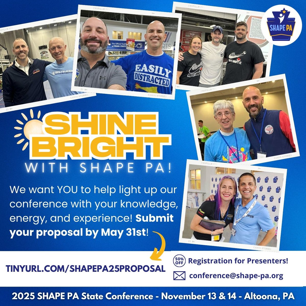 🌟 Shine Bright with SHAPE PA! 🌟

Help us light up the 2025 SHAPE PA Conference with your knowledge, energy, and experience!

💡 Submit your session proposal by May 31st!
🎟️ Accepted presenters receive 50% off conference registration
🌍 Members of out-of-state SHAPE