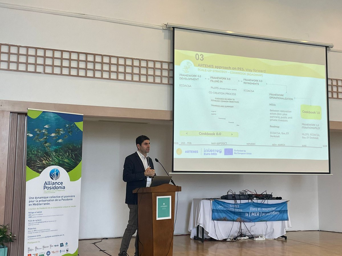 16 Mediterranean countries are meeting in Hammamet 🇹🇳 (May 5–9) for the <a href="/MedPosidoniaNet/">Mediterranean Posidonia Network</a>  event.
On #FinanceDay, ARTEMIS represented by <a href="/ecoacsa/">ecoacsa</a> David Alvarez shared work on #OceanAccounts &amp; #PES to support sustainable #seagrass restoration.