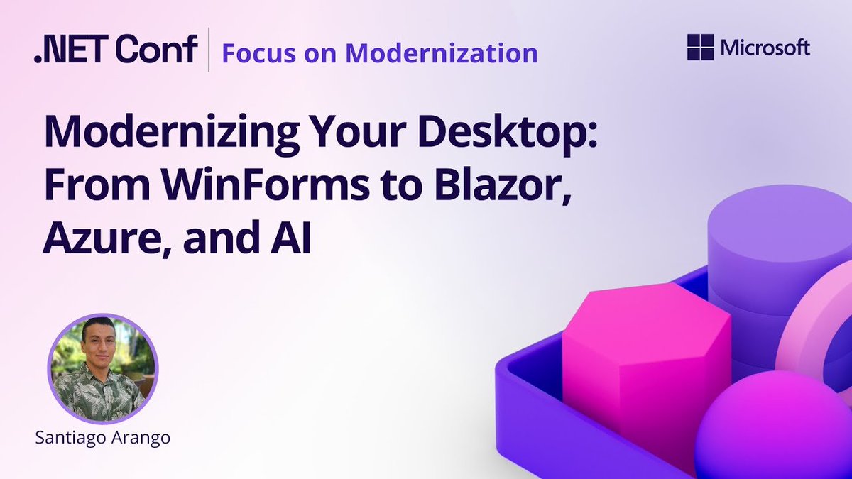 dotnet's tweet image. Got an older tech stack that’s about as fresh as last week’s leftovers?
In this #dotNETConf: Focus on Modernization session replay, we learn how to shift from WinForms to Blazor using .NET, and explore how to bring (cont) msft.it/l/6016SnJ9q