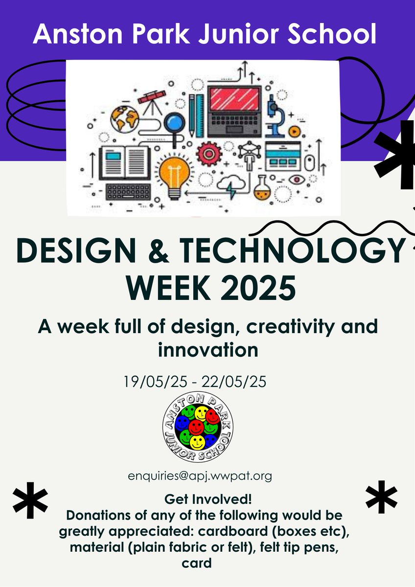 apjschool's tweet image. 🎨🛠️ Get ready for a week of creativity at Anston Park Junior School!
 Design &amp;amp; Technology Week 2025 is coming 19–22 May — a celebration of innovation, imagination and hands-on fun!
📦✂️ Donations welcome
#STEM #DesignWeek #PrimaryEd