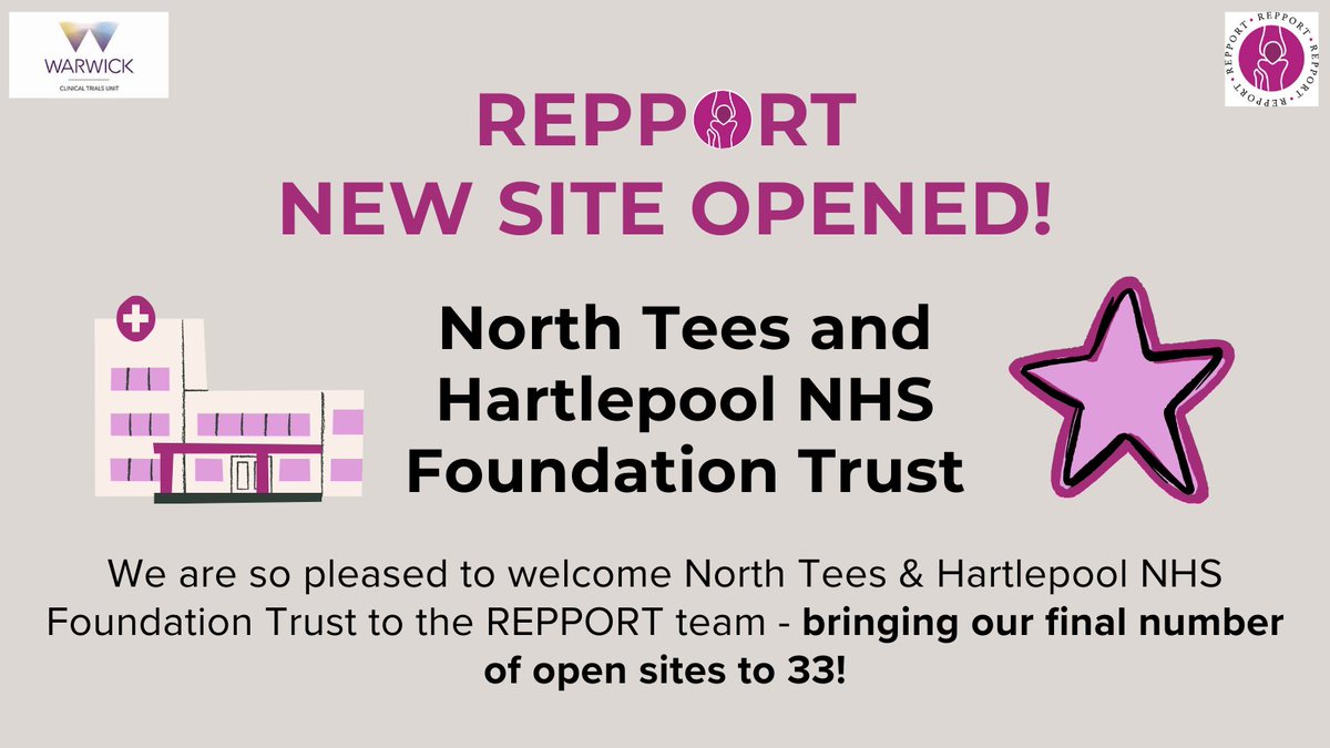 REPPORT (@repporttrial) on Twitter photo #NewSiteUpdate: Welcome to the team at North Tees & Hartlepool NHS Foundation Trust!👋
REPPORT is now open to recruitment at 33 sites across the UK!
<a href="/WarwickCTU/">Warwick CTU</a> <a href="/AndyMetOrtho/">Andy Metcalfe</a> <a href="/TobyOSmith/">Toby Smith</a> #NewSiteUpdate: Welcome to the team at North Tees & Hartlepool NHS Foundation Trust!👋
REPPORT is now open to recruitment at 33 sites across the UK!
<a href="/WarwickCTU/">Warwick CTU</a> <a href="/AndyMetOrtho/">Andy Metcalfe</a> <a href="/TobyOSmith/">Toby Smith</a>