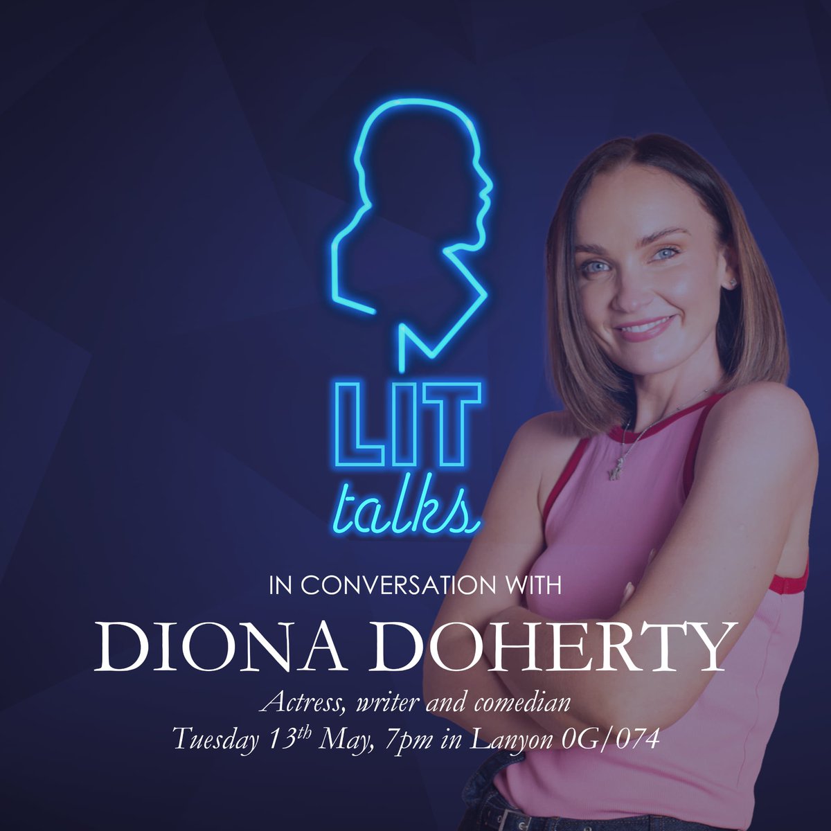 We’re delighted to announce a LitTalk with actress, writer and comedian Diona Doherty. She has starred in BBC Northern Ireland’s Soft Border Patrol, Channel 4’s Derry Girls, and has been a panelist on The Blame Game since 2021.

🗓️ Tuesday 13 May
🕰️ 7pm
📍 Lanyon 0G/074