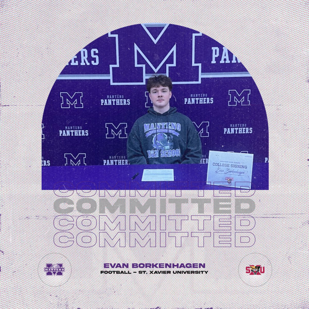 Congrats to Evan Borkenhagen for committing to St. Xavier University to play football! #AllPurpleAllIn